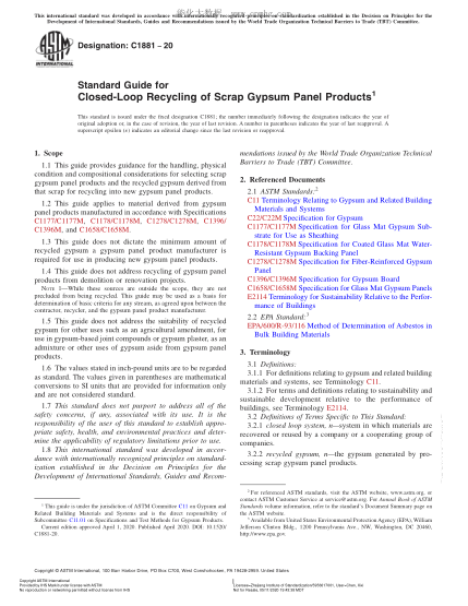 ASTM C1881-2020  Standard Guide for Closed-Loop Recycling of Scrap Gypsum Panel Products