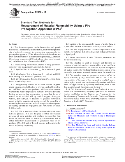 ASTM E2058-2019 用火传播仪测量合成聚合材料可燃性的试验方法 Standard Test Methods for Measurement of Material Flammability Using a Fire Propagation Apparatus (FPA)
