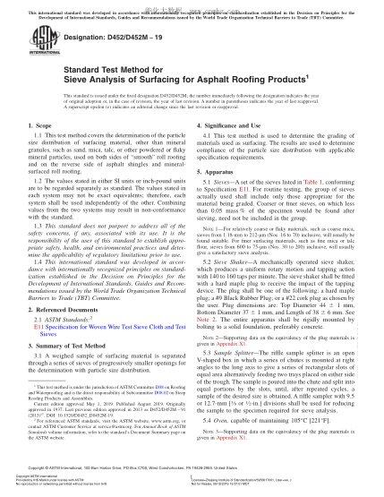ASTM D452/D452M-2019 沥青屋面制品铺面筛分试验方法 Standard Test Method for Sieve Analysis of Surfacing for Asphalt Roofing Products