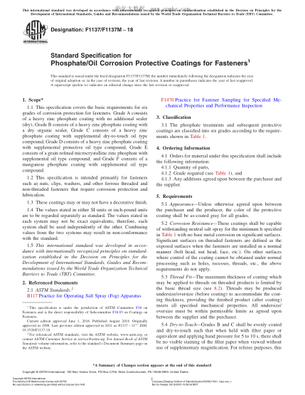 ASTM F1137/F1137M-2018 紧固件磷酸盐/油防蚀镀层规格 Standard Specification for Phosphate/Oil Corrosion Protective Coatings for Fasteners