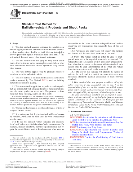 ASTM E3112/E3112M-2019 防弹产品和射击包试验方法 Standard Test Method for Ballistic-resistant Products and Shoot Packs