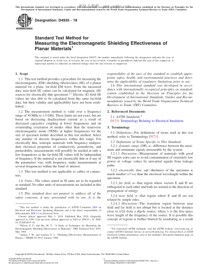 ASTM D4935-2018  Standard Test Method for Measuring the Electromagnetic Shielding Effectiveness of Planar Materials