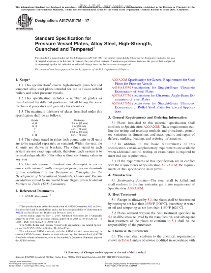 ASTM A517/A517M-2017 压力容器用经回火与淬火的高强度合金钢中厚板规格 Standard Specification for Pressure Vessel Plates,Alloy Steel,High-Strength,Quenched and Tempered