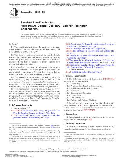 ASTM B360-2020Standard Specification for Hard-Drawn Copper Capillary Tube for Restrictor Applications