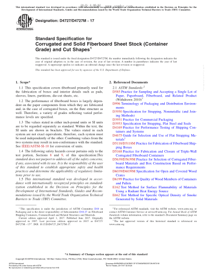 ASTM D4727/D4727M-2017 波纹实心纤维板坯料(包装级)和切割形状规格 Standard Specification for Corrugated and Solid Fiberboard Sheet Stock (Container Grade) and Cut Shapes