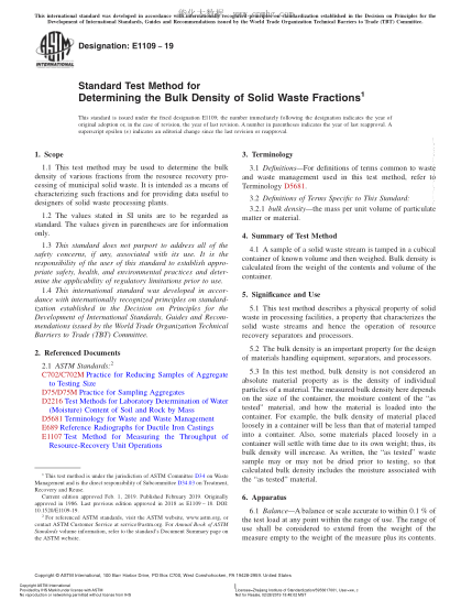 ASTM E1109-2019 固体废料碎片容积密度测定方法 Standard Test Method for Determining the Bulk Density of Solid Waste Fractions
