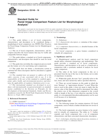 ASTM E3149-2018 形态分析用面部图像比较特征表指南 Standard Guide for Facial Image Comparison Feature List for Morphological Analysis