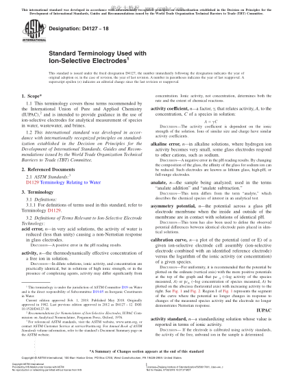 ASTM D4127-2018 与离子选择电极一起使用的术语 Standard Terminology Used with Ion-Selective Electrodes