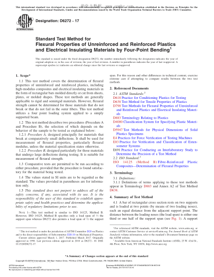 ASTM D6272-2017 用四点弯曲法测定未增强和增强塑料及电绝缘材料挠曲性能的试验方法 Standard Test Method for Flexural Properties of Unreinforced and Reinforced Plastics and Electrical Insulating Materials by Four-Point Bending