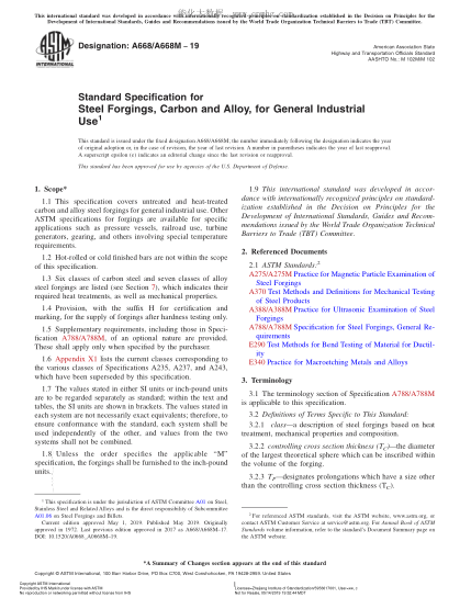 ASTM A668/A668M-2019 一般工业用碳素钢和合金钢锻件规格 Standard Specification for Steel Forgings, Carbon and Alloy, for General Industrial Use