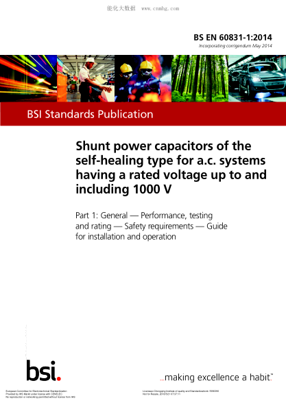 EN 60831-1-2014  Shunt power capacitors of the self-healing type for a.c. systems having a rated voltage up to and including 1 000 V - Part 1: General - Performance, testing and rating - Safety requirements - Guide for installation and operation