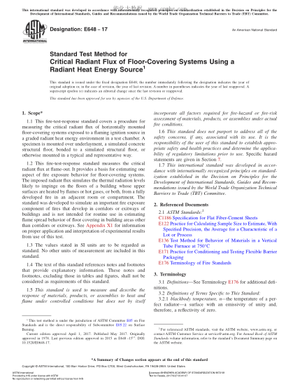 ASTM E648-2017 用辐射热能源测定地面覆盖系统临界辐射通量的试验方法 Standard Test Method for Critical Radiant Flux of Floor-Covering Systems Using a Radiant Heat Energy Source