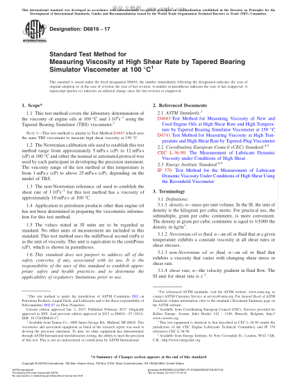 ASTM D6616-2017在100℃下用锥形轴承模拟粘度计测量高剪切速度下粘度的试验方法Standard Test Method For Measuring Viscosity At High Shear Rate By Tapered Bearing Simulator Viscometer At 100 ？？C