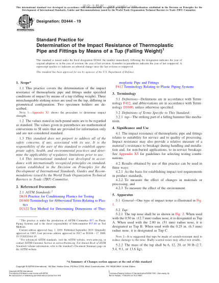 ASTM D2444-2019 用落锤试验法测定热塑性塑料管和配件耐冲击性的试验方法 Standard Practice for Determination of the Impact Resistance of Thermoplastic Pipe and Fittings by Means of a Tup (Falling Weight)