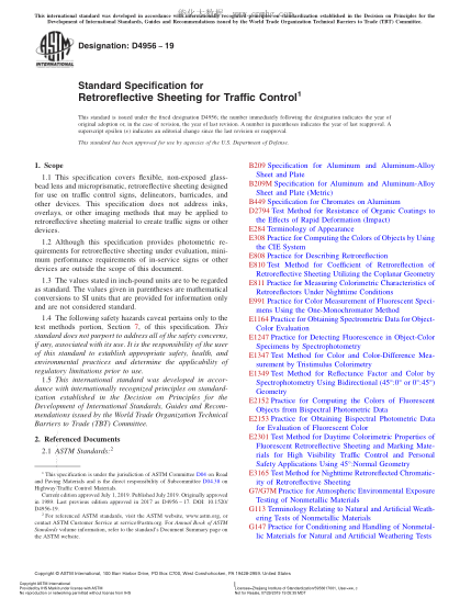 ASTM D4956-2019 交通控制用反光板规格 Standard Specification for Retroreflective Sheeting for Traffic Control