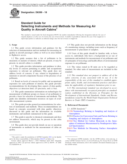 ASTM D6399-2018 测量飞行器机舱内空气质量用仪器和方法的选择指南 Standard Guide for Selecting Instruments and Methods for Measuring Air Quality in Aircraft Cabins