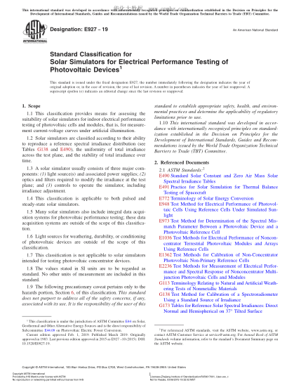 ASTM E927-2019陆地光电试验用阳光模拟装置的规格Standard Classification for Solar Simulators for Electrical Performance Testing of Photovoltaic Devices