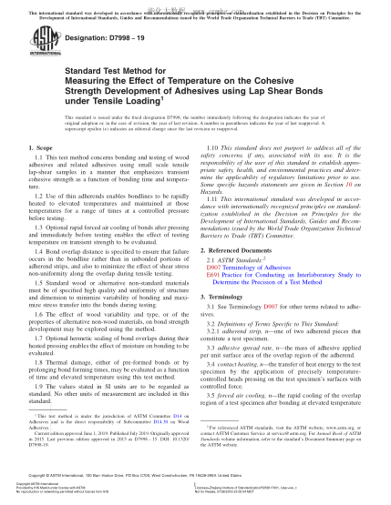 ASTM D7998-2019 拉伸载荷下用搭接剪切键测量温度对于粘合剂凝聚强度发展影响的试验方法 Standard Test Method for Measuring the Effect of Temperature on the Cohesive Strength Development of Adhesives using Lap Shear Bonds under Tensile Loading