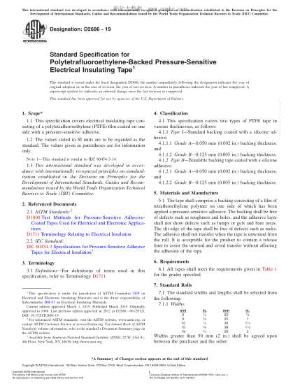 ASTM D2686-2019 聚四氟乙烯为基底的压敏电绝缘带规格 Standard Specification for Polytetrafluoroethylene-Backed Pressure-Sensitive Electrical Insulating Tape