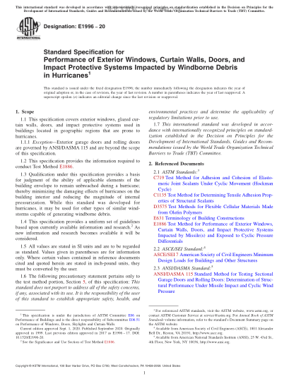 ASTM E1996-2020  Standard Specification for Performance of Exterior Windows, Curtain Walls, Doors, and Impact Protective Systems Impacted by Windborne Debris in Hurricanes