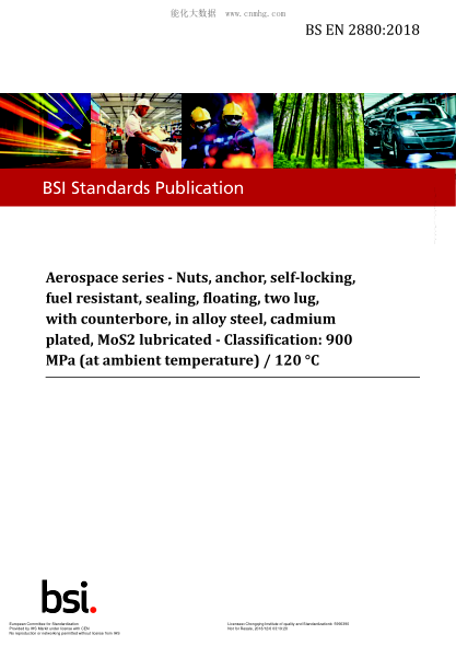 EN 2880-2018  Aerospace series - Nuts, anchor, self-locking, fuel resistant, sealing, floating, two lug, with counterbore, in alloy steel, cadmium plated, MoS? lubricated - Classification: 900 MPa (at ambient temperature) / 120 °C