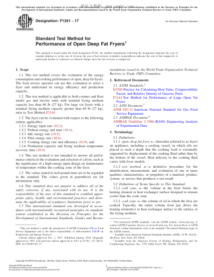 ASTM F1361-2017 敞口式油煎深锅性能试验方法 Standard Test Method for Performance of Open Deep Fat Fryers