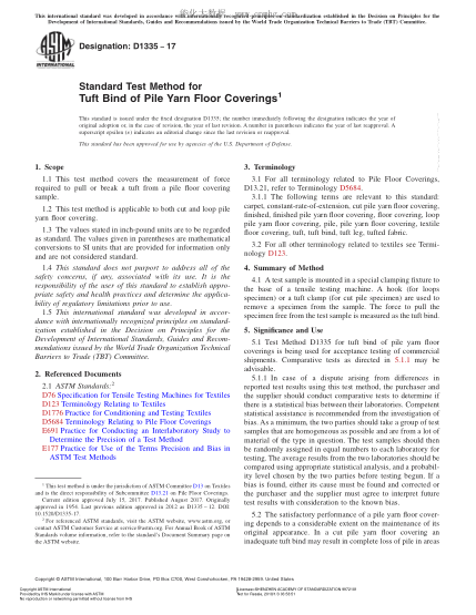 ASTM D1335-2017 簇绒地毯毛束联结牢度试验方法 Standard Test Method for Tuft Bind of Pile Yarn Floor Coverings