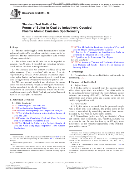 ASTM D8214-2018 用电感耦合等离子体和原子发射光谱法测定煤中硫素形态的方法 Standard Test Method For Forms Of Sulfur In Coal By Inductively Coupled Plasma Atomic Emission Spectrometry