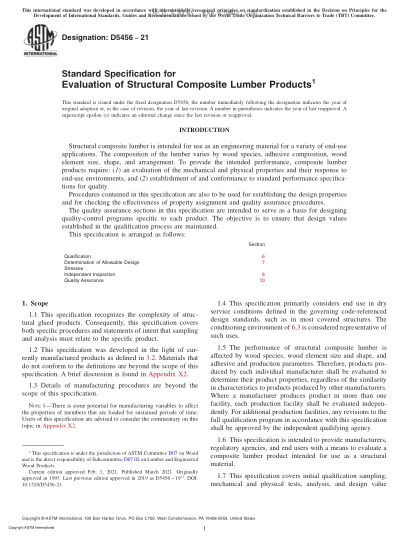 ASTM D5456-2021  Standard Specification for Evaluation of Structural Composite Lumber Products