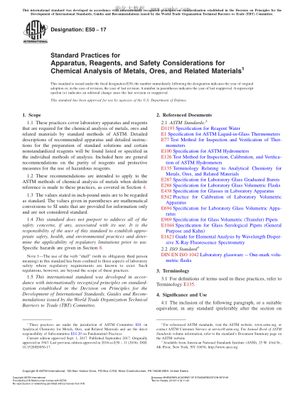 ASTM E50-2017 金属、矿石和相关材料化学分析用仪器、试剂及安全措施的规程 Standard Practices for Apparatus,Reagents,and Safety Considerations for Chemical Analysis of Metals,Ores,and Related Materials