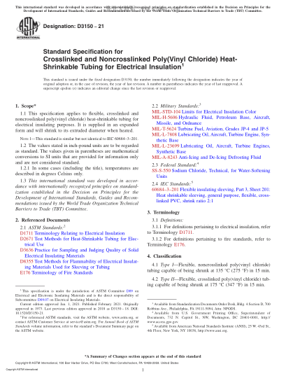 ASTM D3150-2021  Standard Specification for Crosslinked and Noncrosslinked Poly(Vinyl Chloride) Heat-Shrinkable Tubing for Electrical Insulation