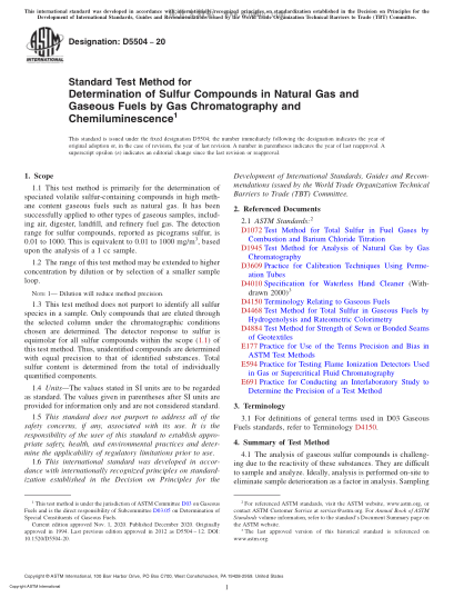 ASTM D5504-2020  Standard Test Method for Determination of Sulfur Compounds in Natural Gas and Gaseous Fuels by Gas Chromatography and Chemiluminescence