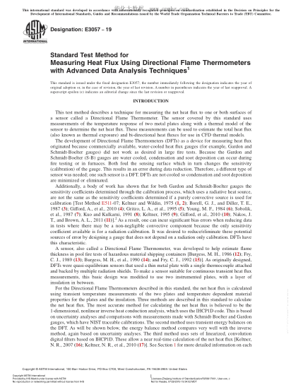 ASTM E3057-2019 用带先进技术分析技术的定向火焰温度计测量热通量的试验方法 Standard Test Method for Measuring Heat Flux Using Directional Flame Thermometers with Advanced Data Analysis Techniques