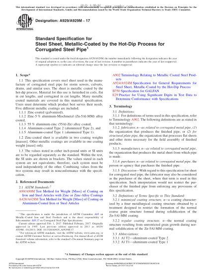 ASTM A929/A929M-2017 波纹钢管用热浸金属镀层薄钢板规格 Standard Specification for Steel Sheet,Metallic-Coated by the Hot-Dip Process for Corrugated Steel Pipe