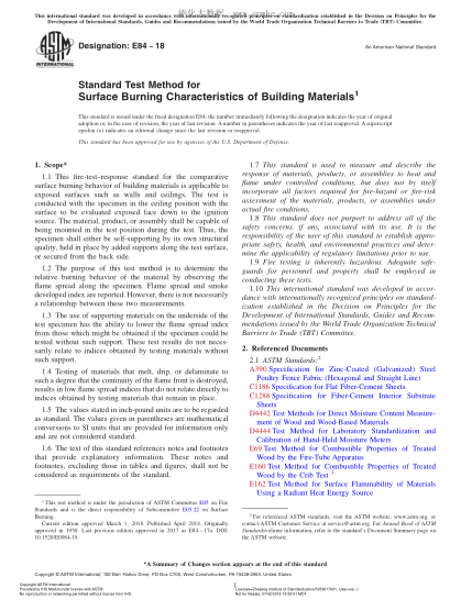 ASTM E84-2018 建筑材料表面燃烧性能试验方法 Standard Test Method for Surface Burning Characteristics of Building Materials