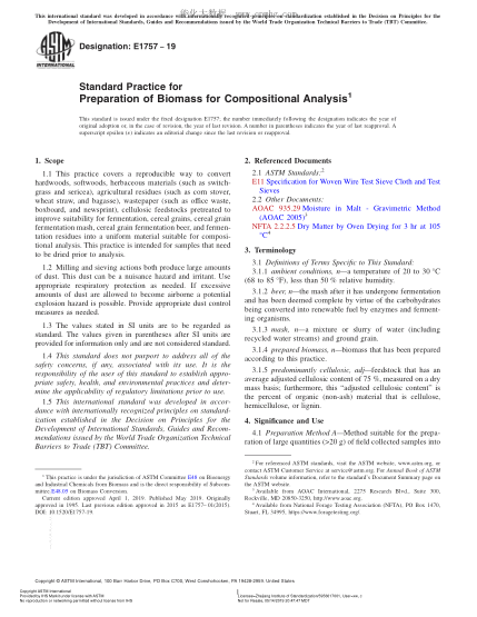 ASTM E1757-2019 成份分析用生物量的制备规程 Standard Practice for Preparation of Biomass for Compositional Analysis