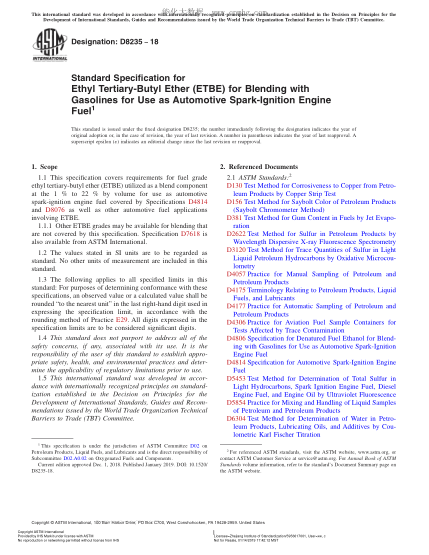ASTM D8235-2018用作汽车火花点火发动机燃料的混合了汽油的乙基叔丁基醚规格Standard Specification for Ethyl Tertiary-Butyl Ether (ETBE) for Blending with Gasolines for Use as Automotive Spark-Ignition Engine Fuel
