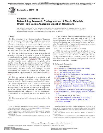 ASTM D5511-2018 高固体厌氧消化条件下塑料厌氧微生物降解测定方法 Standard Test Method for Determining Anaerobic Biodegradation of Plastic Materials Under High-Solids Anaerobic-Digestion Conditions