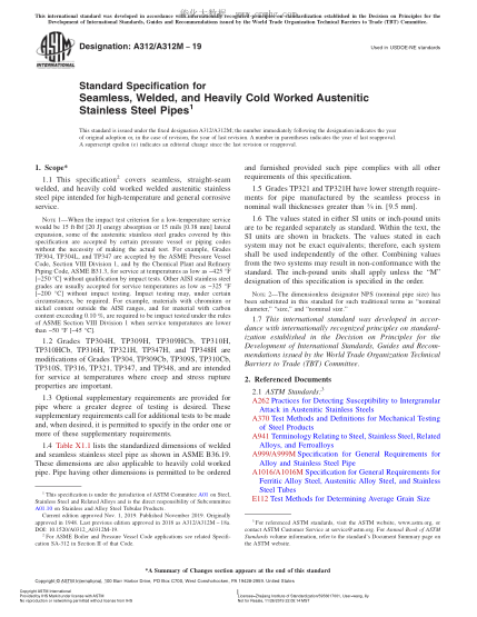 ASTM A312/A312M-2019 冷加工奥氏体不锈钢焊接管和无缝管规格 Standard Specification for Seamless, Welded, and Heavily Cold Worked Austenitic Stainless Steel Pipes