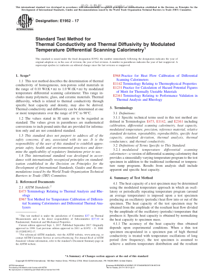 ASTM E1952-2017 用已调整的温度差示扫描量热法对导热性和执扩散系数的试验方法 Standard Test Method for Thermal Conductivity and Thermal Diffusivity by Modulated Temperature Differential Scanning Calorimetry