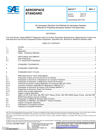 SAE AS5127C-2018  (R) Aerospace Standard Test Methods For Aerospace Sealants Methods For Preparing Aerospace Sealant Test Specimens