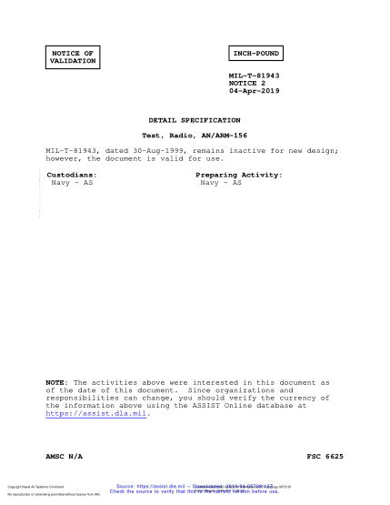 NAVY MIL-T-81943 VALID NOTICE 2-2019  Test, Radio, An/Arm-156