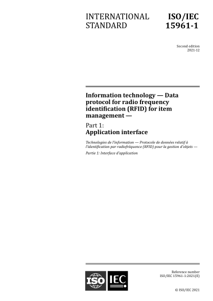 ISO/IEC 15961-1-2021 信息技术--项目管理的射频识别（RFID）：数据协议--第1部分：应用接口 Information technology &mdash; Data protocol for radio frequency identification (RFID) for item management &mdash; Part 1: Application interface