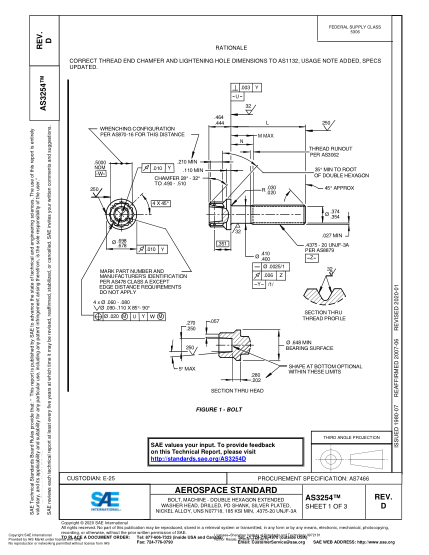 SAE AS3254D-2020  Bolt, Machine - Double Hexagon Extended Washer Head, Drilled, Pd Shank, Silver Plated, Nickel Alloy, Uns N07718, 185 Ksi Min, .4375-20 Unjf-3A