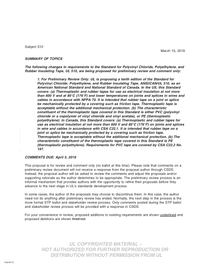 UL 510 BULLETIN-2019  UL Standard For Safety Polyvinyl Chloride, Polyethylene, And Rubber Insulating Tape (Comments Due: April 5, 2019)