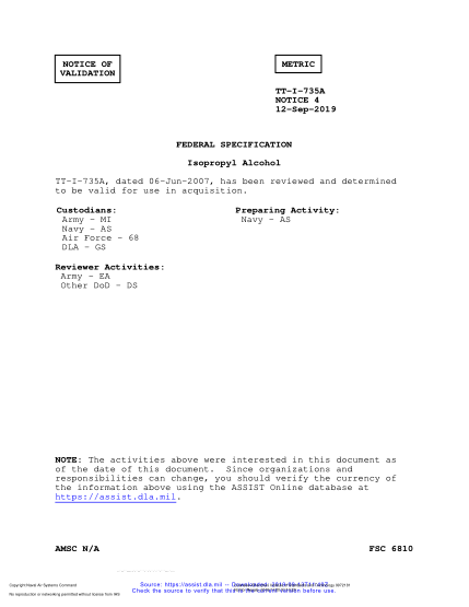 NAVY TT-I-735A VALID NOTICE 4-2019  Isopropyl Alcohol