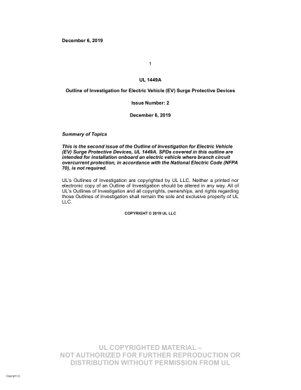 UL SUBJECT 1449A/2-2019  Ul Outline Of Investigation For Electric Vehicle (Ev) Surge Protective Devices (Issue 2)