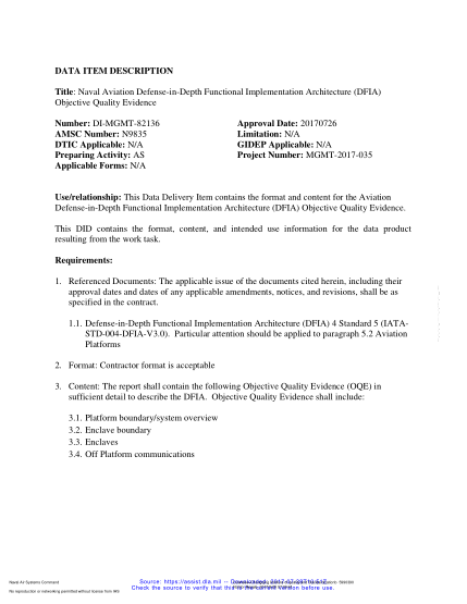 NAVY DI-MGMT-82136-2017  Naval Aviation Defense-In-Depth Functional Implementation Architecture (Dfia) Objective Quality Evidence