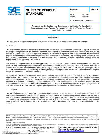 SAE J2911-2020  Procedure For Certification That Requirements For Mobile Air Conditioning System Components, Service Equipment, And Service Technician Training Meet Sae J Standards