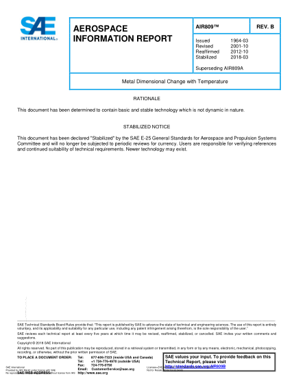SAE AIR809B-2018  Metal Dimensional Change With Temperature